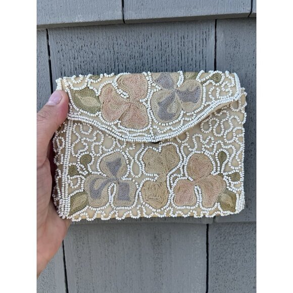 Vintage 50s 60s floral embroidered beaded handmade clutch glam cottagecore - Picture 5 of 10